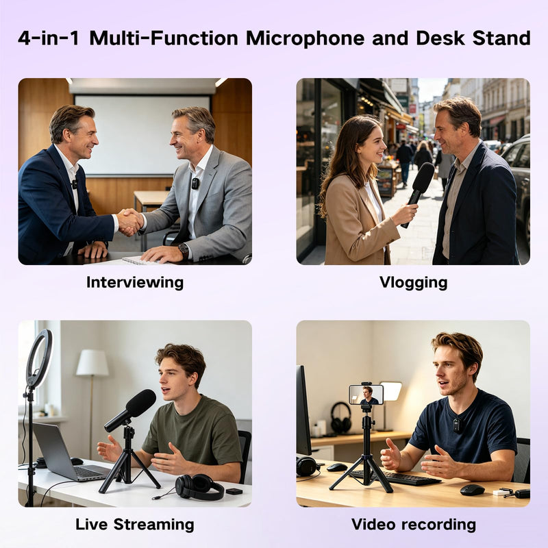 4-in-1 Mini Wireless Lavalier Microphone & Desk Stand,Interview Microphone for iPhone/Android/Tablets,Mini Mic with Charging Case for Podcast,Streaming