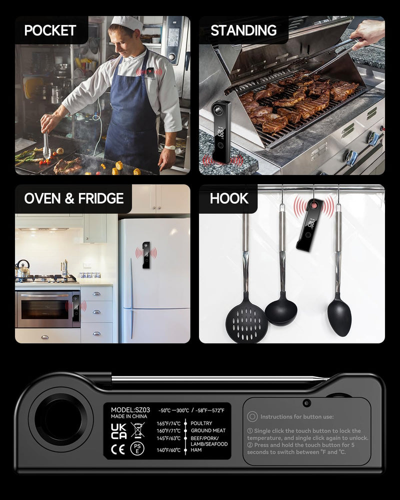 2025 Meat Thermometer Digital, ±0.5°F Accuracy Instant Read Thermometer180° Rotating Display, Calibratable and Auto Off, IP67 Waterproof Food Thermometer for Cooking,Grill,Oil Deep Fry, Brewing,Candy Black