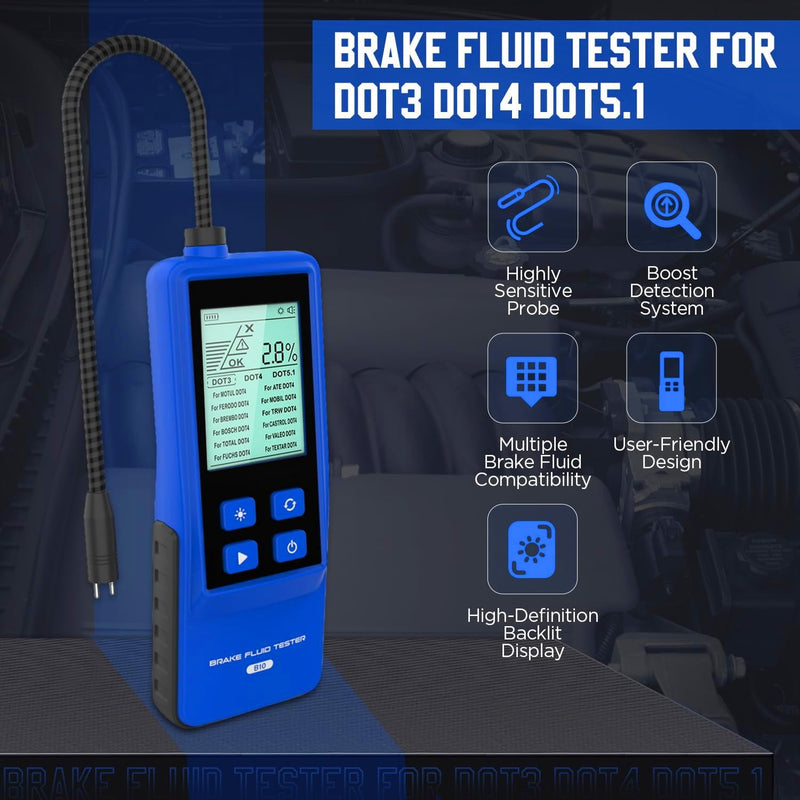 T10 Brake Fluid Tester Automotive Digital Brake Fluid Detector Moisture Detector for DOT3 DOT4 DOT5.1, Car Brake Fluid Boiling Point Meter with 2.8" Display Audible Alarm High Precision Probe