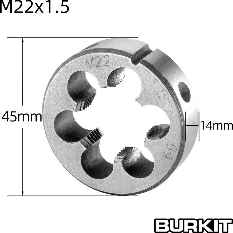 Burkit M22 X 1.5 Tap and Die Set, M22 x 1.5 Machine Thread Tap and Round Die Right Hand M22x1.5
