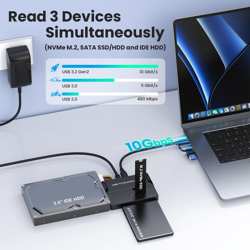 Universal 3-in-1 Hard Drive Enclosure - Tool-Free USB 3.2 10Gbps Type-C Adapter for NVMe M.2 (2230-2280), 2.5"/3.5" SATA & IDE HDDs, External SSD Reader for 3.5" IDE Drives