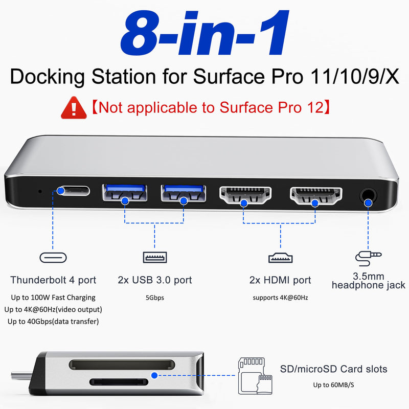 Surface Pro 9/10/11 Docking Station - 8-in-1 Triple Display Surface Pro 9/10/11 Accessories Adapter with Dual HDMI 4K, 1x USB C (100W, 40Gbps), 2x USB 3.0, SD/Micro SD Card Reader and 3.5mm Audio Jack Silver
