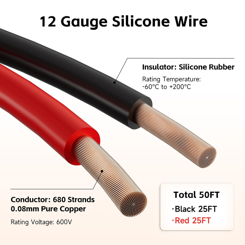 12 AWG Silicone Wire 50ft (Red 25ft & Black 25ft) Conductor 100% Copper | Flexible 12 Gauge Battery Wire for Motor, Automotive, Solar | Rating 600V 392℉ Red & Black ( Oxygen Free Copper )