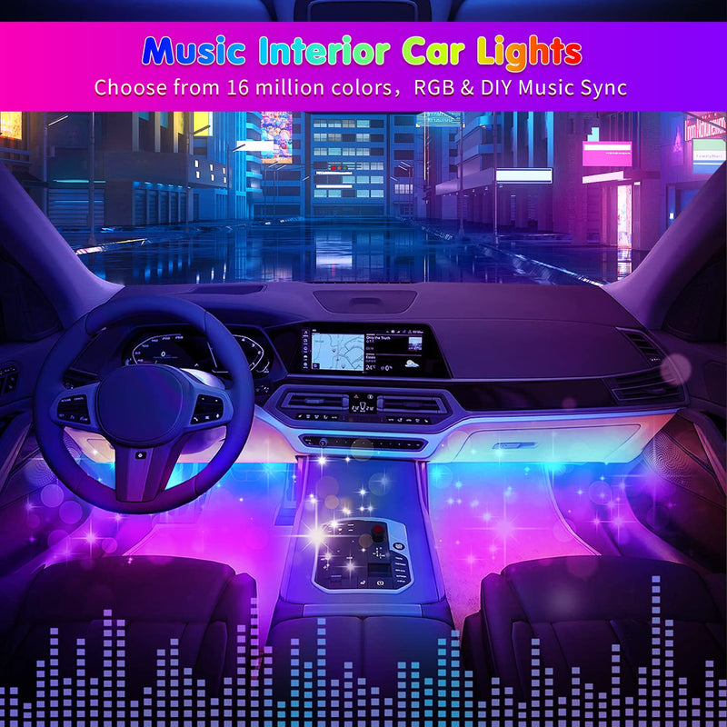 RGB Interior Car Strip Lights with Smart APP Control, Music Sync Under Dash Footwell Neon Internal Lighting Kit Multicolor,12V LED Strip Lights for Cars, Trucks, SUVs with Car Charger(1 Set) 1IN4 Interior Lights 48SMD(4 Lines Design)