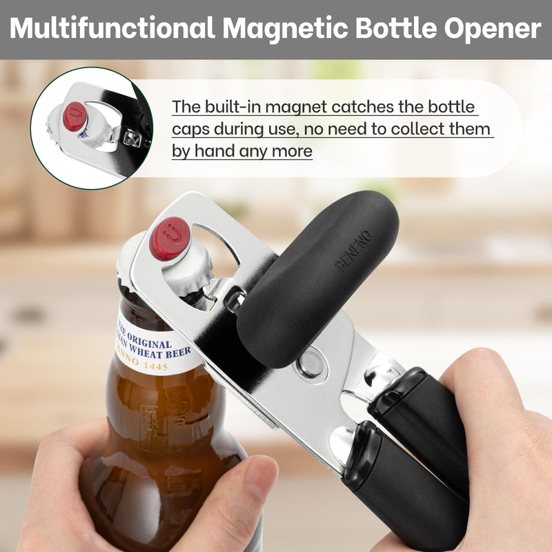 Beneno Heavy Duty Can Opener Manual with Magnet, Smooth Cutting Blade, Durable High Carbon Steel Hand Can Opener Manual with Easy to Turn Knob & Soft Grip Handles, Multifunctional Bottle Opener, Black