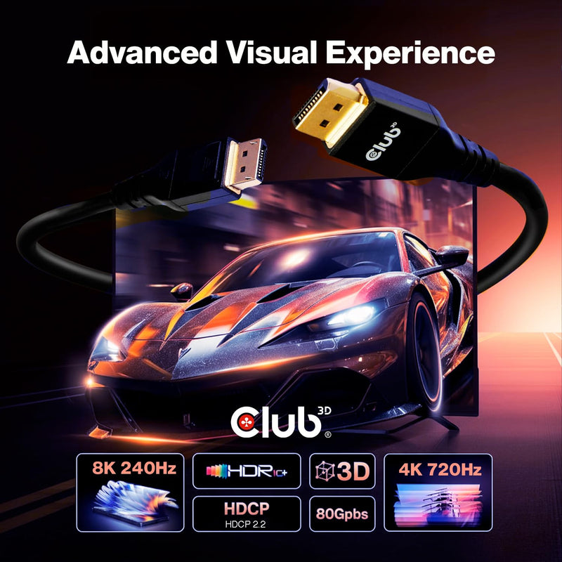 Club 3D DisplayPort 2.1 Cable 8K@240Hz 4K@720Hz – VESA DP80 Certified 80Gbps, HDR10+ Gaming Monitor Cable for RTX 4090/RX 7900 – 6.6ft/2m HDCP 2.3 CAC-1094 200 cm