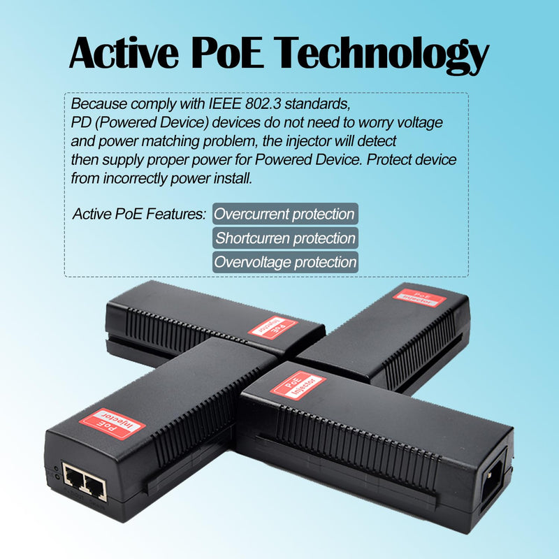 Revotech Gigabit 90W PoE++ Injector 54-56V Adapter, 10/100/1000Base-T IEEE 802.3bt PoE Standard Active POE+, Plug and Play for Wireless Access Points/PTZ/Videophones Gigabit 90W Black