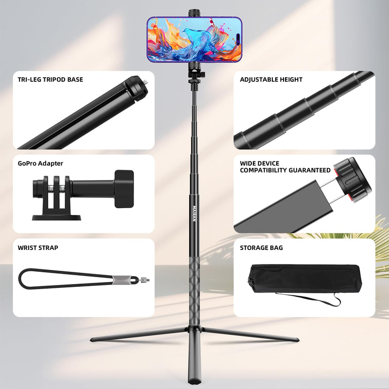 MAIRAN 2-in-1 Golf Monopod Tripod Selfie Stick for Recording Golf Swing | 67.3" Adjustable Phone Tripod Stand, Phone Holder for iPhone/Android,1/4"thread.Poetable 21cm Spike, Comes with a carry bag