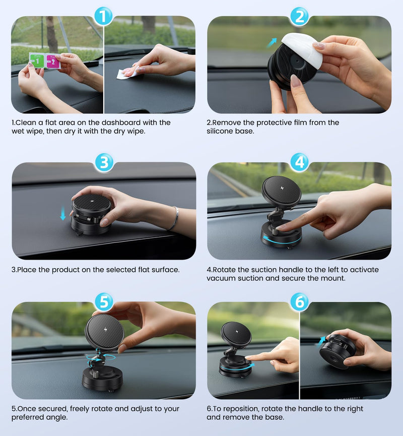 OANDYS 15W MagSafe Car Mount Charger for iPhone 12-17 Pro/Max/Plus/Air | 3200gf Magnetic Wireless Charger, 82LBS Suction Cup Dashboard Phone Holder, 360° Rotatable Magnetic Stand