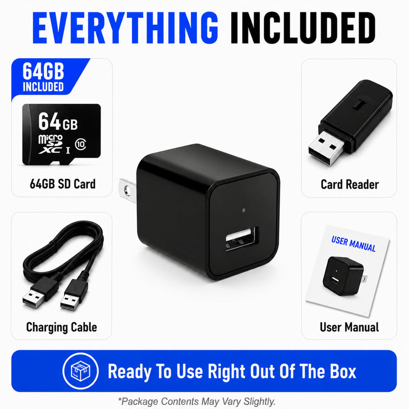 64G USB Charger Hidden Camera, 1080P Motion Detection Indoor Security Camera with SD Card Included, No WiFi/Monthly Fee, 106° Wide Angle, Local Storage Home Monitoring Device (2026 Upgraded) Silver Black