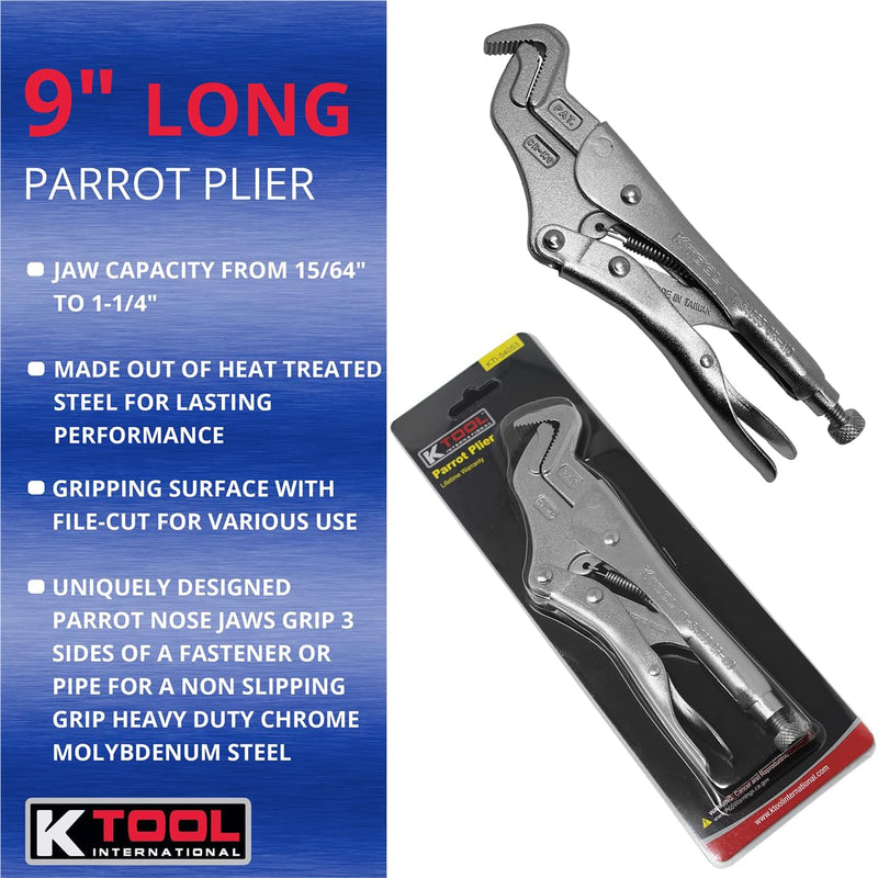 K Tool International 54053 Parrot Nose Adjustable Pliers, Non Slip Three Side Jaw Grip, Chrome Molybdenum Steel Construction, File Cut Gripping Surface, Heavy Duty Hand Tool