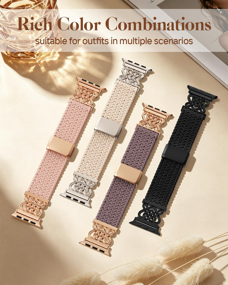 Braided Stretchy Band for Apple Watch Bands 38mm 40mm 41mm 42mm Women Men | Celtic Love Knot Metal, Magnetic Clasp, Nylon Elastic Straps for iWatch Series 11 10 9 8 7 6 5 4 3 2 1, SE 3/2/1, Ultra 3/2/1 Starlight/Starlight