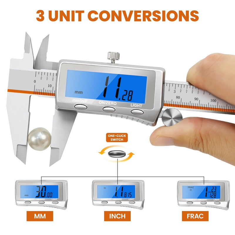 Digital Caliper, Rechargeable Digital Calipers with Backlight LCD & Auto-Off, Stainless Steel Measuring Tool, Inch/MM/Fraction Conversion for 3D Printing DIY Woodworking 6 Inch