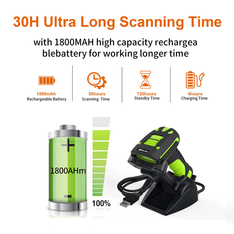 Alacrity 2D Industrial Wireless Barcode Scanner with Charging Stand, Bluetooth Drop Resistant, 1968 Feet Transmission Distance 433Mhz QR 1D Bar Code Reader Green