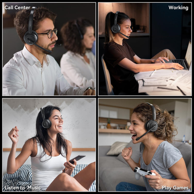 Wireless Headset with Mic for Work, Bluetooth Headset with Microphone AI Noise Cancelling & Mute Button, Wireless Headphones with Mic for Work/Home/Office/Call Center/PC/Laptop/Computer/Teams/Zoom Black