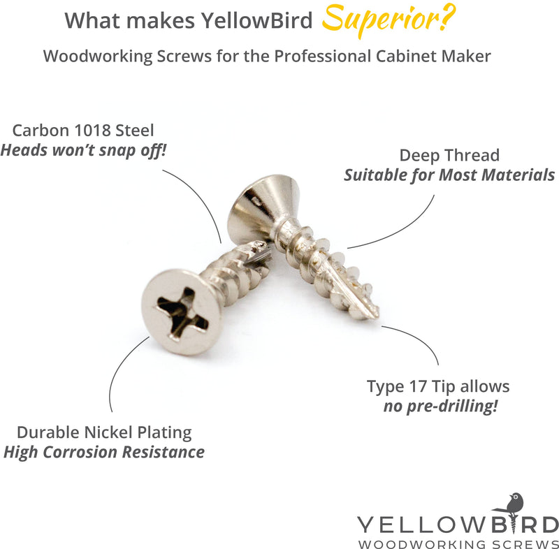 Yellowbird #6 x 5/8" European Concealed Hinge Screw - Flat Head Phillips - Type 17 - Nickel Wood - Bit Included - 1000 Ct.