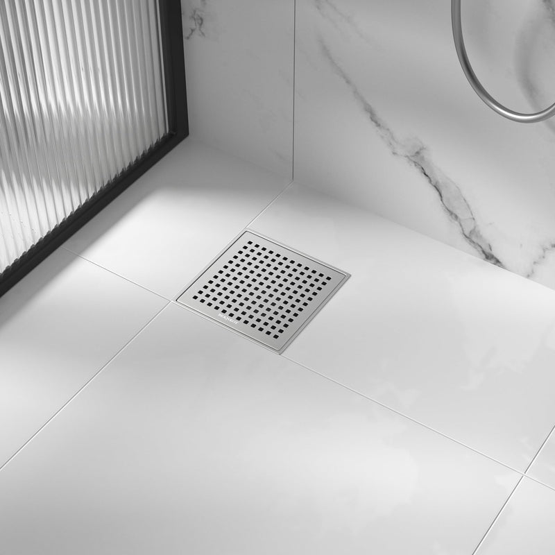 Square Shower Drain 6", 304 Stainless Steel Floor Drain w/Hair Strainer, Grid Shower Drain w/CUPC Certified, Brushed 6 Inch
