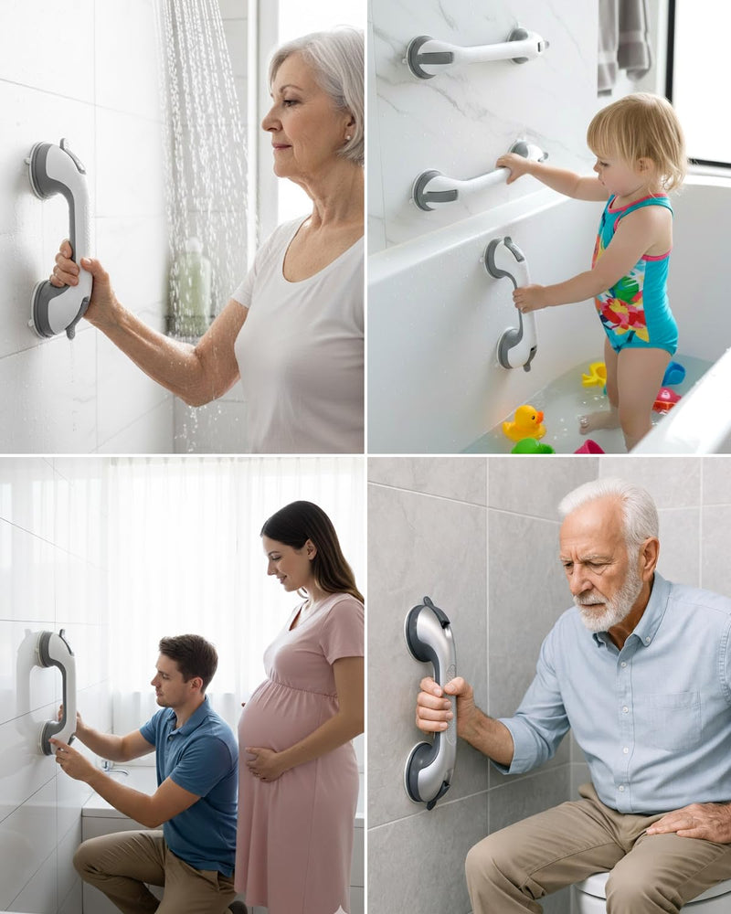 2 Pack Suction Cup Shower Grab Bars for Seniors, Heavy Duty Removable Shower Handles for Bathtubs & Showers, Bath Handrails for Elderly Assistance Products, Bathroom Safety Accessory Silver -2PK