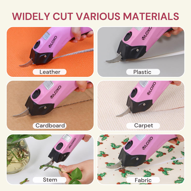 VLOXO Cordless Electric Scissors, 4V Rechargeable Power Scissors Cardboard Cutter with Replacement Blade/Battery Powerful Fabric Cutter for Carpet Plastic Leather(pink) Y4008