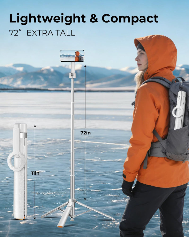 72'' Magnetic Selfie Stick Tripod for iPhone MagSafe – One-Click Open Stable Stand, Strong Magnetic Mount, 360° Rotation, Extendable Aluminum Tripod with Bluetooth Remote for Travel & Video Recording White