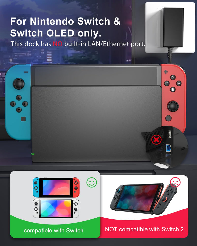 Dock Station for Switch/Switch OLED, Replacement 3-in-1 TV Dock Set with Original IC Module, AC Charger & High-Speed HDMI Cable for 1080P HD Output & Console Charging（Not Compatible with Switch 2）