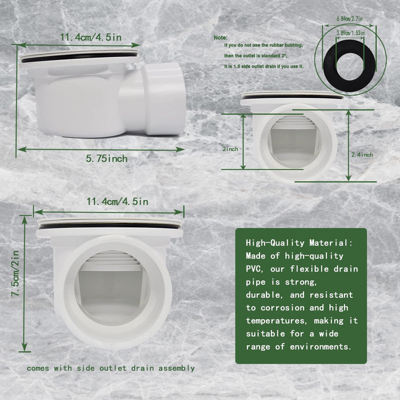 Low Profile Shower Drain Assembly with Perforated Strainer, 1.5" Side Outlet (Also Can Be Used as 2" Shower Drain by Removing Black Rubber Bushing)