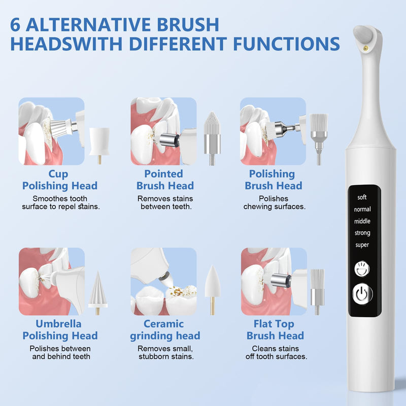 Teeth Whitening Polisher Kit, Rechargeable Dental Polisher for Teeth Cleaning and Whitening, Electric Teeth Polisher Tool with LED Light, 6 Brush Heads 5 Speed Modes for Home and Travel Use