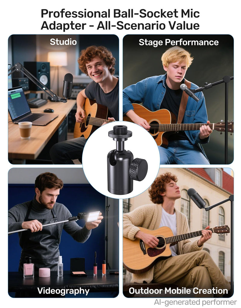 Ball and Socket Head Microphone Adapter with Angle Adjustment | 360° pan, 90° tilt, dual lock with texture, universal threads, aluminum, light & tool-free.