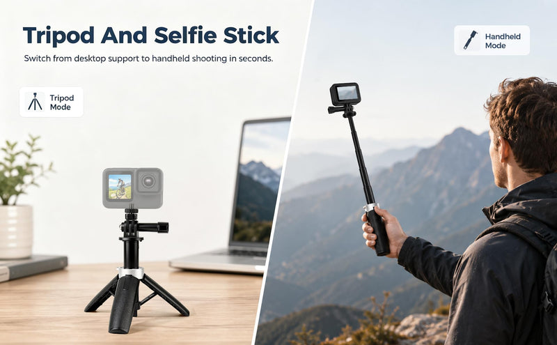 12" Extendable Small Size Camera Tripod, Portable Selfie Stick Tripod, Travel Vlogging Video Shooting Stand Compatible with Action 5 Pro, Action 4 and Most Action Camera