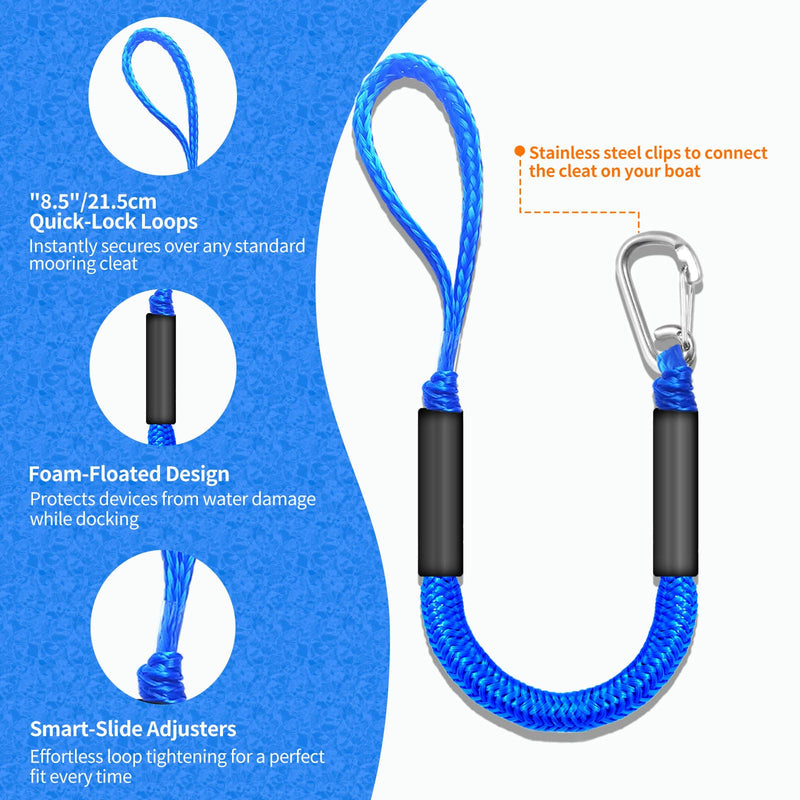 Bungee Dock Lines for Boats 2FT, Boat Tie Downs for Dock with Hooks, Elastic Dock Ties for Small Boat Jet Ski Kayak Mooring (2 Foot, 2-Pack, Blue)