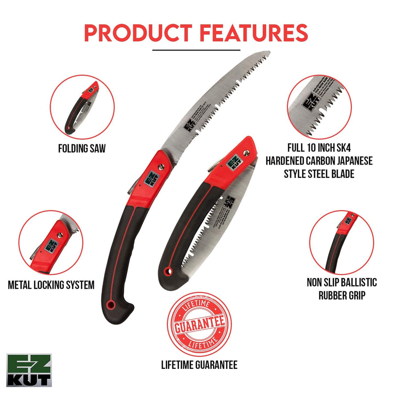 EZ KUT WOW Folding Saw 10” – Heavy-Duty Hand Saw for Tree Trimming, Pruning & Wood Cutting – Compact Foldable Design for Camping, Hunting & Survival – Razor Sharp SK4 Steel Blade Wow Saw