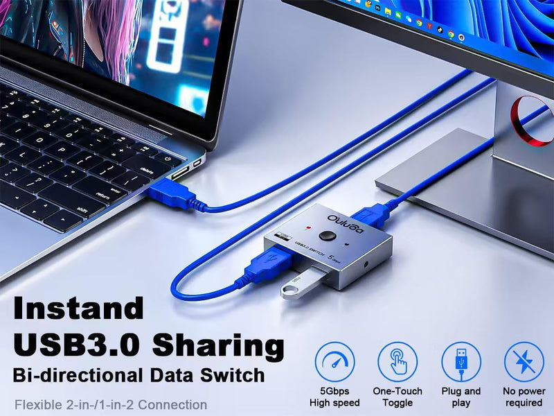 USB 3.0 bidirectional Switch, 2-in-1 & 1-in-2 Out. Lets 2 PCs Share Printer, Keyboard, Mouse, Scanner, Flash Drive and Card Reader. Comes with 2pcs 3.9FT USB 3.0 Cables Plus a Type-C Adapter.