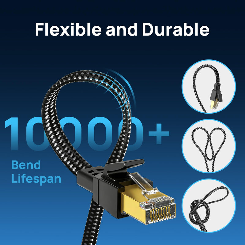 Orbram Cat 8 Ethernet Cable 100 ft, Nylon Braided High Speed Heavy Duty Network LAN Patch Cord, 40Gbps 2000Mhz SFTP RJ45 Flat Internet Cable Shielded in Wall, Indoor&Outdoor for Modem/Router/Gaming/PC Black 100ft