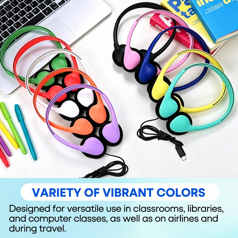 USB C Kids Headphones Bulk for Classroom School 10 Pack, Wired On-Ear Type C Headset for Students Compatible with Chromebook Laptop PC Tablet Smartphones (HY857C, 10 Mixed)