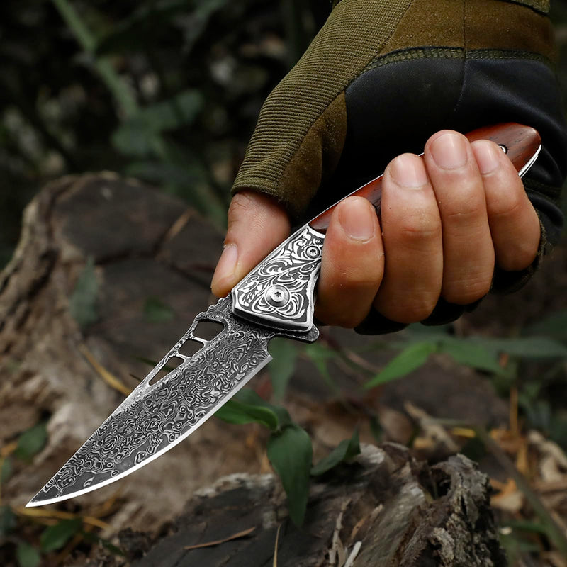 DRACHENADER Damascus Pocket Knife for Men with Clip and Leather Sheath, Handcrafted 67-Layer Damascus Steel Folding knife, Wood Handle, Ideal Gift for Father & Collector 3.4"
