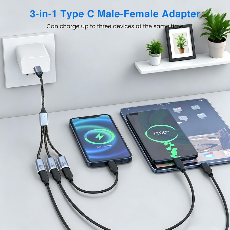Poyiccot USB C Splitter 1 in 3 Out, Multi USB C Splitter Y Cable, Type C Male to 3 Female Nylon Braided Power Charging and Data Transfer Cable for PC, Laptop, Mac, Flash Drive, Keyboard, Mouse, 25cm