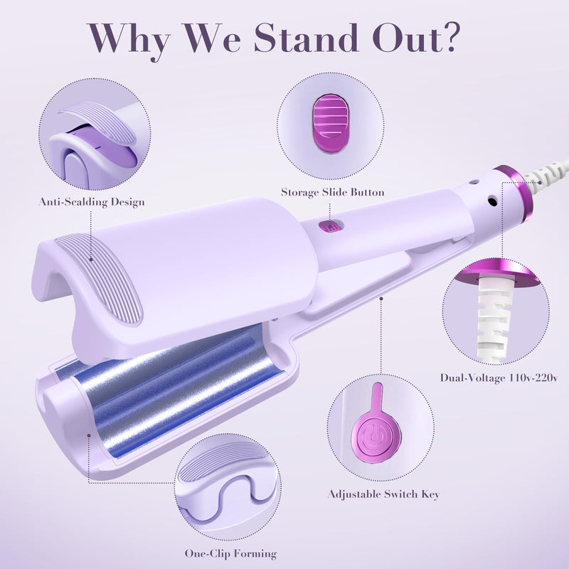 AISEELY Hair Waver, 32MM Hair Curler, Beach Wave Curling Iron,3 Barrel Deep Ionic Curling Wand with Ceramic Adjustable Temp (160°C-220°C),Anti-Scald Design & Travel Lock | Purple