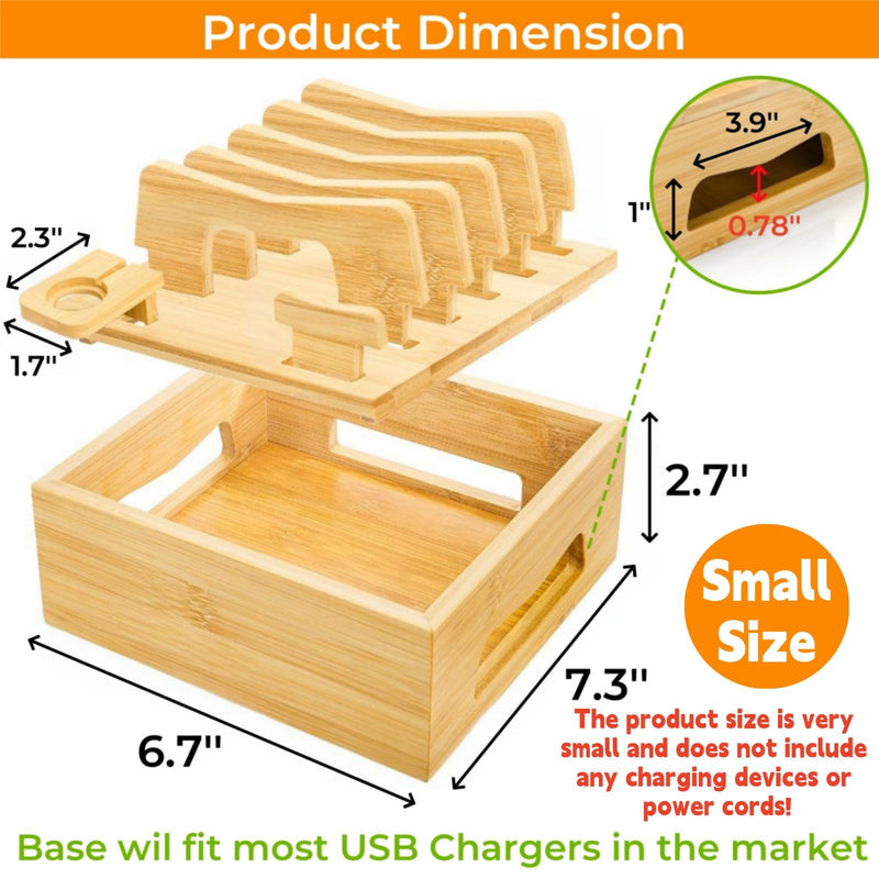 Bamboo Charging Station for Multi Devices, Small Desktop Docking Stand, Cell Phone Docking Station Charger Organizer for Tablets, Smart Watch (No USB Charger No Charging Cables)