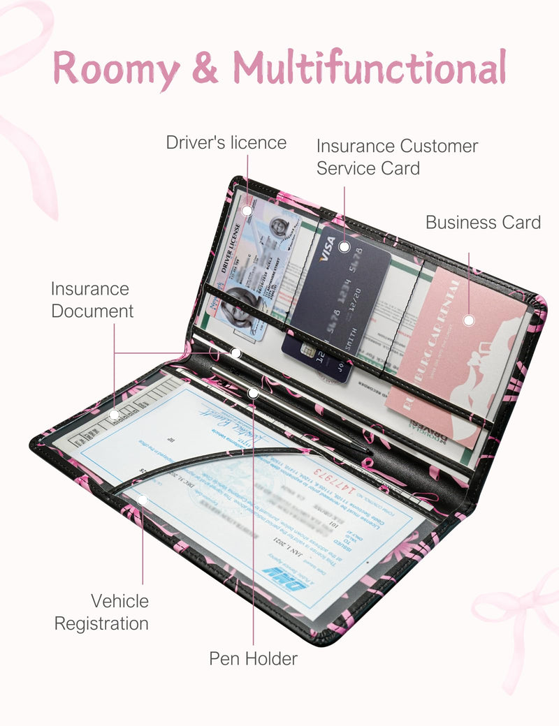 Mymazn Car Registration and Insurance Holder, PU Leather Glove Box Car Organizer with Magnetic Closure, Car Document Holder for Driver's License & Essential Documents (Pink Bow) Pink Bow
