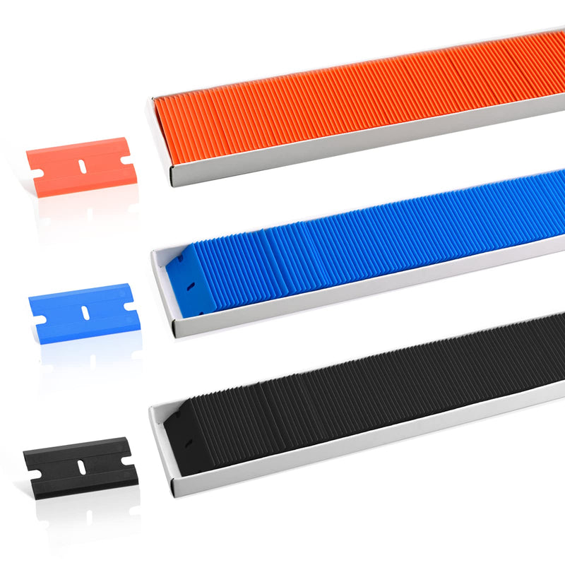 NEWISHTOOL Plastic Blades, Double Edged Plastic Blade, 300 PCS Replacement Blades Fit for Plastic Scraper and Safety Glass Scraper w/Standard Plastic Blades to Remove Label, Decals & Adhesive Residue Orange+black+blue
