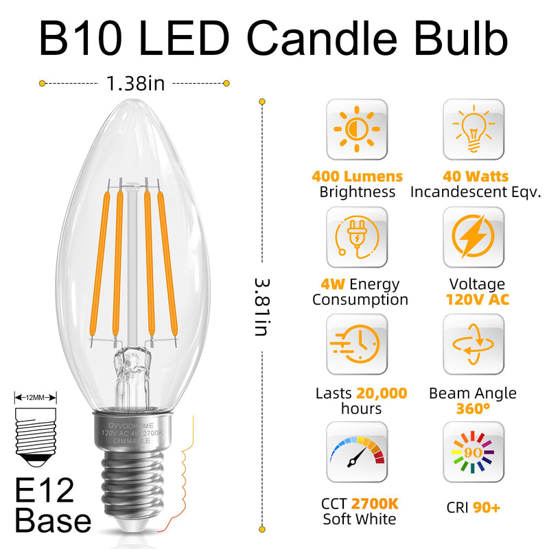 GvvooHome Candelabra Light Bulbs 40 watt Equivalent, E12 LED Bulb Dimmable Chandelier Bulbs, B10 Candle Light Bulbs 2700K Soft White, 90+CRI, 400LM, Cear Glass, 24 Pack
