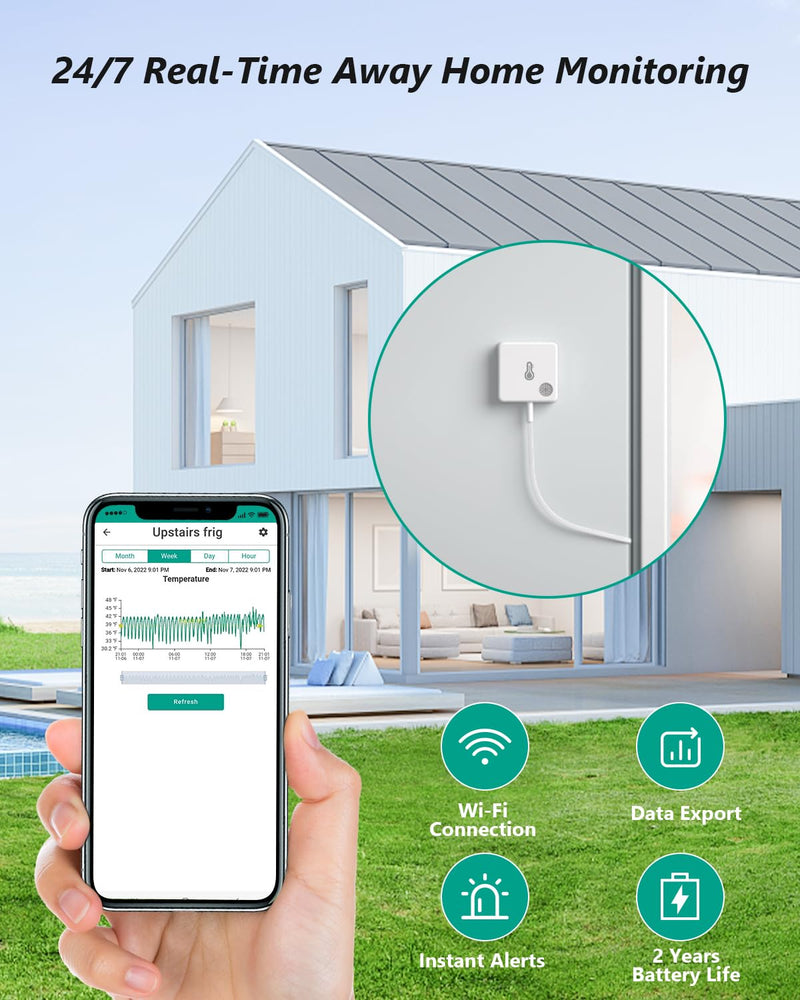  [AUSTRALIA] - MOCREO WiFi Freezer Thermometer Alarm, Email Alert, App Notification, Data Logging Export, No Subscription Fee, 2 Remote Temperature Sensor for Refrigerator, Freezer, Hot Tub 1 H2 Hub (No LCD) + 2 sensors