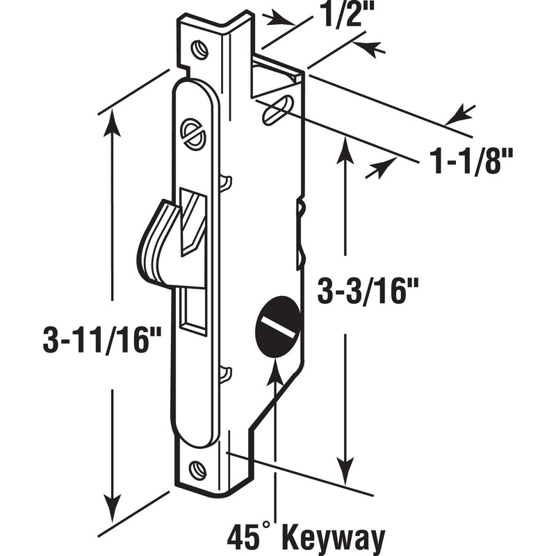 Prime-Line E 2199 Stainless Steel Mortise Lock - Adjustable, Spring-Loaded Hook Latch for Sliding Patio Doors Made of Wood, Aluminum & Vinyl, 3-11/16”, 45 Degree Keyway, Round Face (Single Pack) | Adjustable, Spring-Loaded Hook Latch Projection, For Sl...