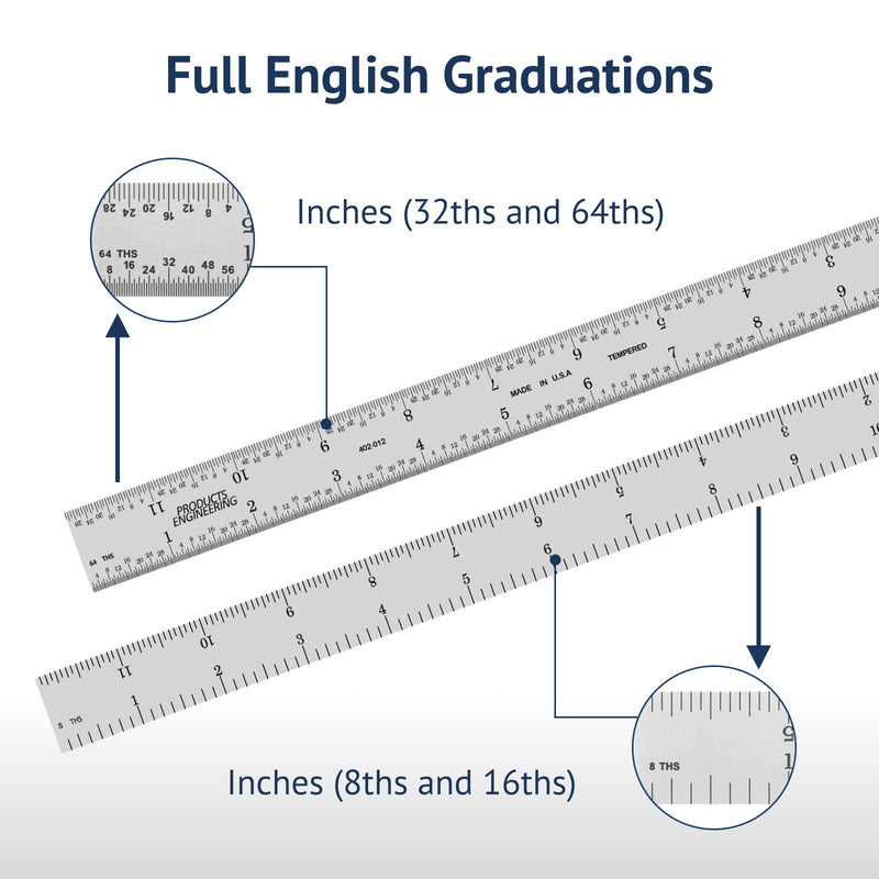 PEC Tools 12" Rigid Metal Ruler, Made from Premium Stainless Steel, 4R Graduation (1/8", 1/16", 1/32", 1/64"), Fully Hardened and Tempered Machinst Rule, Made in USA