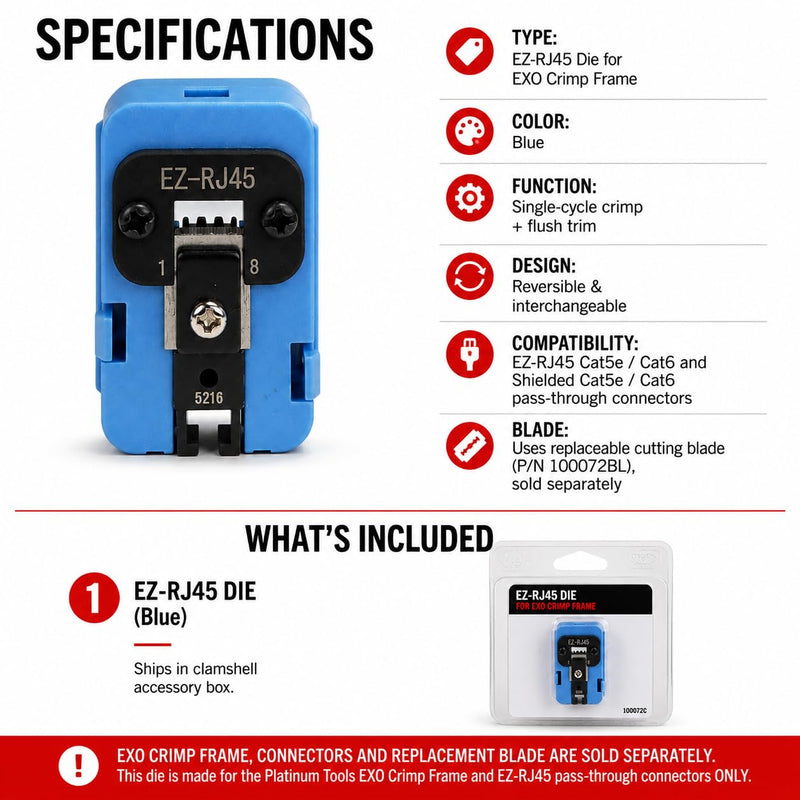 Platinum Tools 100072C EZ-RJ45 Die For Exo Crimp Frame, Cat6 Rated, Shielded, Network Cable Crimper for RJ45 and Modular Connectors