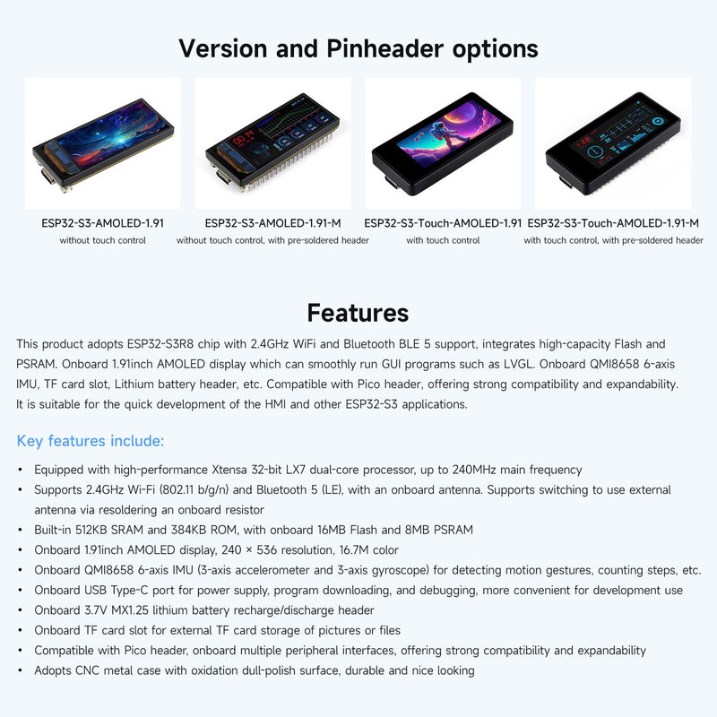 waveshare ESP32-S3 1.91inch AMOLED Display Development Board, 240×536, 32-bit LX7 Dual-core Processor, Up to 240MHz Frequency, Accelerometer and Gyroscope Sensor, with Touch Function