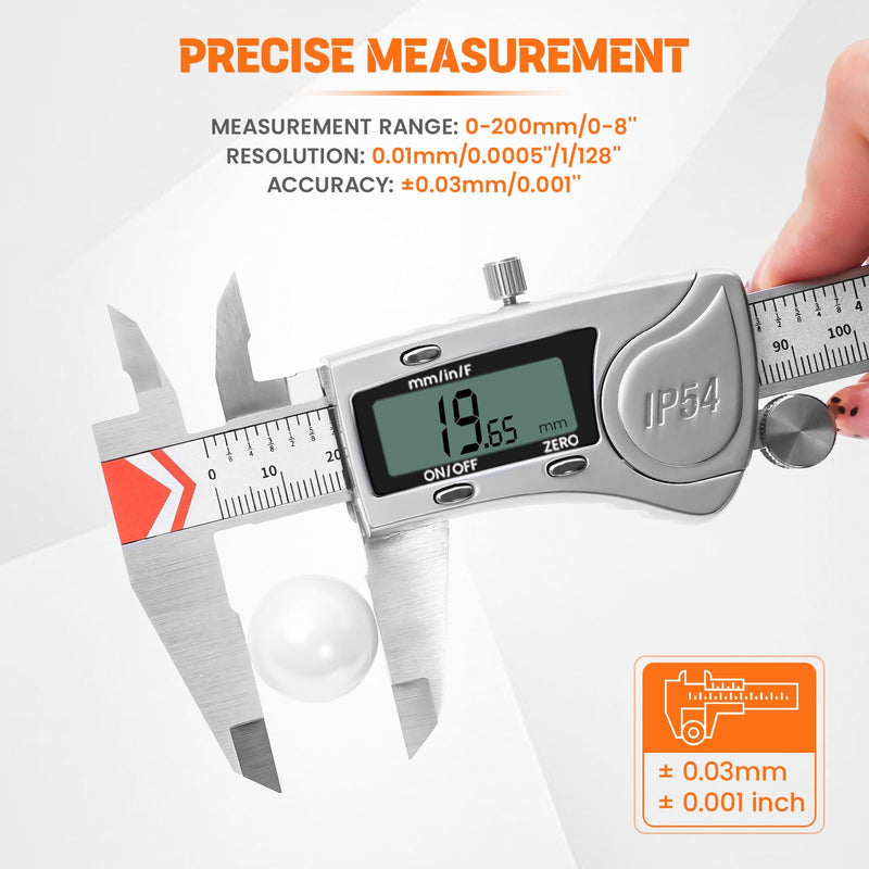 HARDELL Digital Caliper 8 Inch, Heavy-Duty IP54 Calipers with 3-Batteries & Extra Cover, All Stainless Steel Digital Micrometer Vernier Caliper, Inch/MM/Fraction, Auto-Off for DIY/3D-Printing