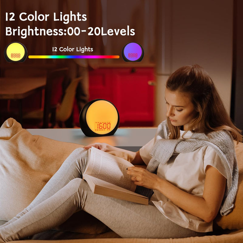Sunrise Alarm Clock Wake Up Light for Kids Heavy Sleepers Bedroom with Sunrise Sunset Simulation Sleep Aid Dual Alarms Snooze Nightlight Brown Noise sound machine with 25 Nature sounds for Sleeping Black