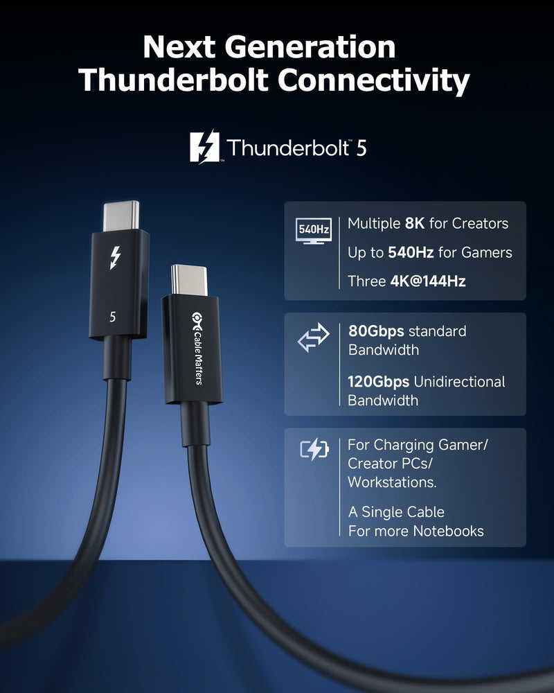 Cable Matters [Intel Certified] 80Gbps Thunderbolt 5 Cable with up to 120Gbps Bandwidth Boost and 240W Charging in Black - 0.5m / 1.6ft, Compatible with Thunderbolt 4, USB4, Thunderbolt 3 and USB-C 1.6 ft