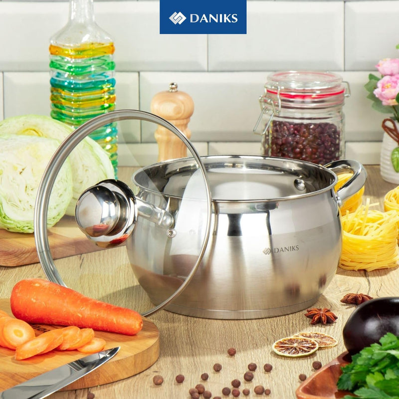 Daniks Classic 2 Quart Stainless Steel Stock Pot with Glass Lid, Tri-Ply Bottom for Even Heating, Induction Compatible, Dishwasher Safe 2 QT